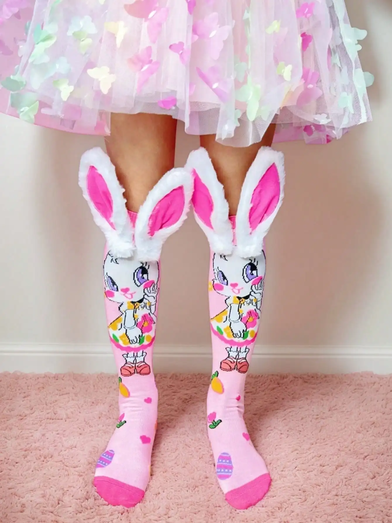 Image of Ein Paar süße Mädchensocken mit Hasenmuster, lustige, verrückte Kniestrümpfe, dekorative Socken mit Hasenohren, geeignet für Mädchen/Kinder/Teenager