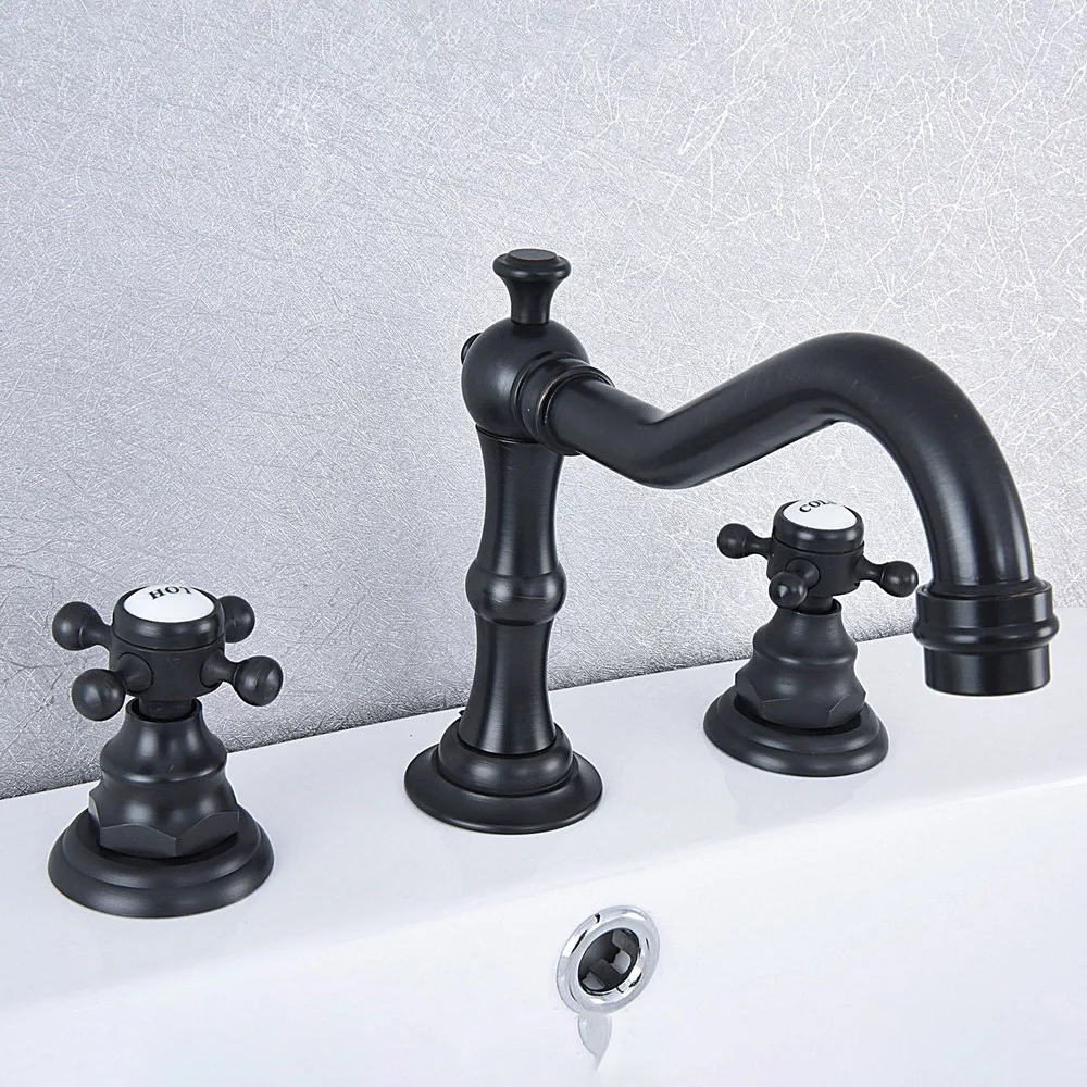 Oil Rubbed Bronze Bath Sink Faucet Double Handle Basin Sink Faucet Hot and Cold Water Mixer 3 Hole Bathroom Faucet Nsf541