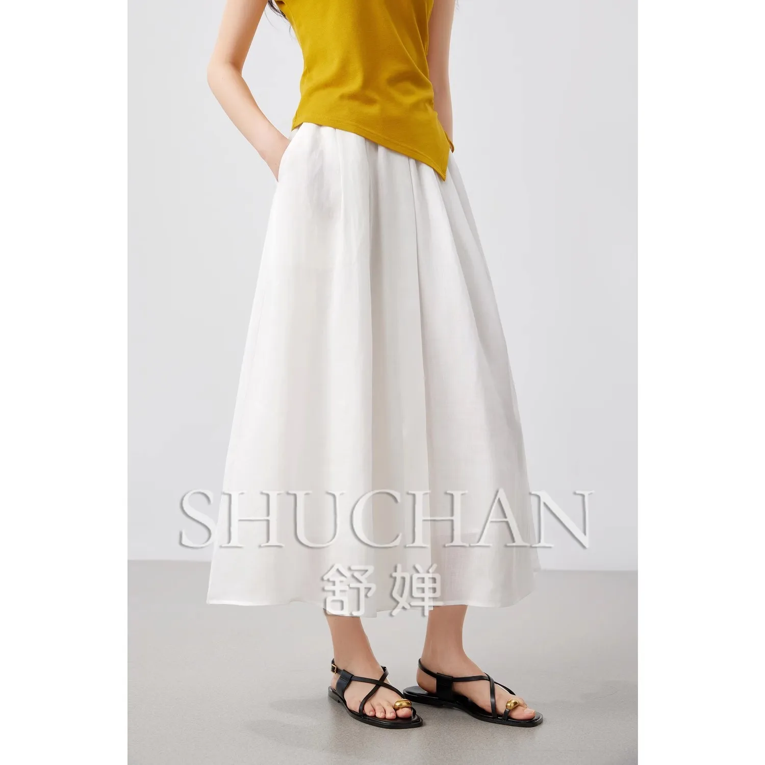 

100% рами, простая и универсальная юбка-зонтик, литературная юбка с драпировкой и высокой талией, женская летняя юбка 25,