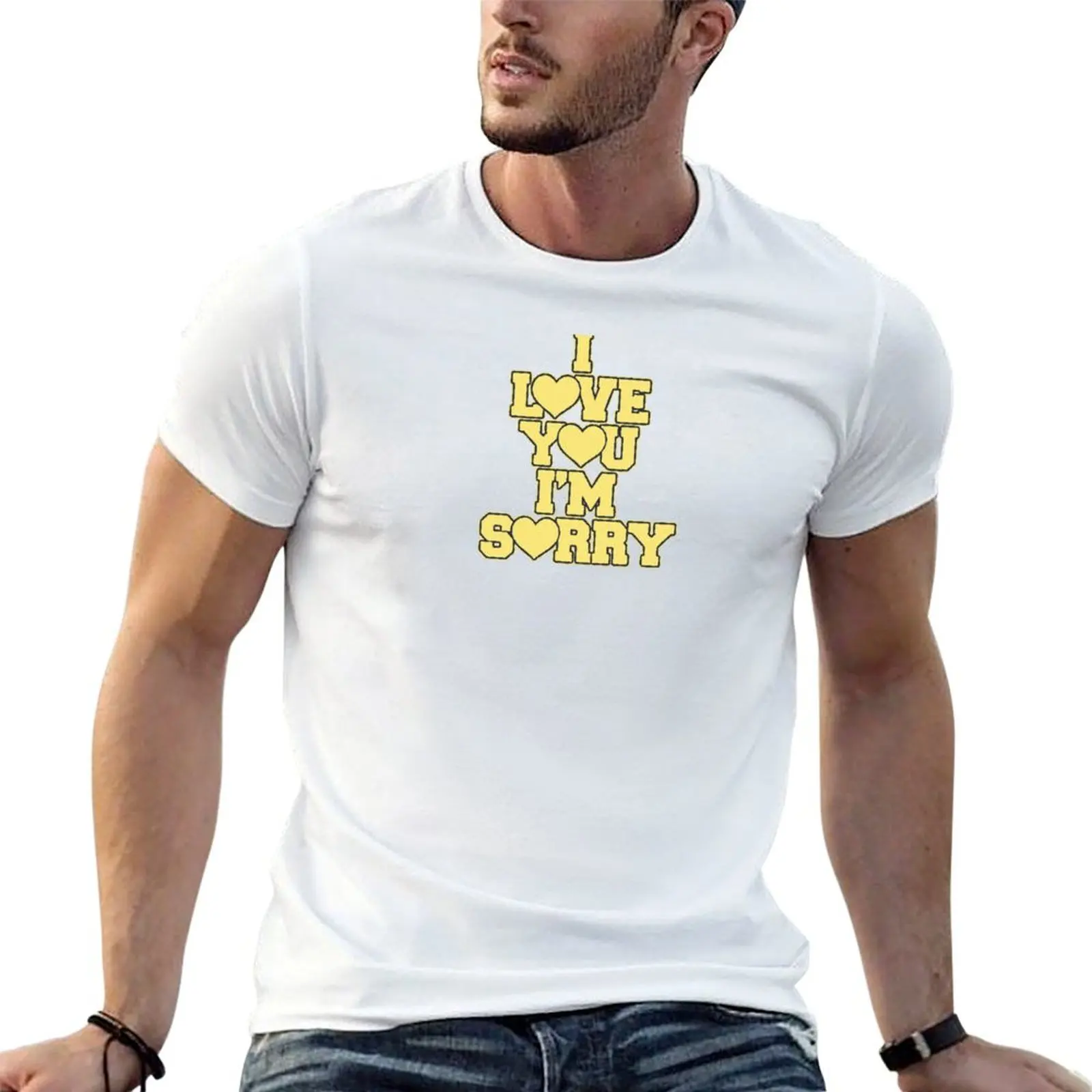 I Love You, I'm Sorry Yellow Heart Varsity Block Text T-Shirt Summer Holiday Casual Tee