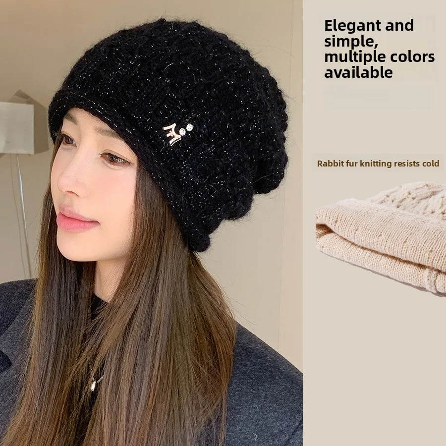 Temperament Light Luxury Elegant Imitation Hand Hook Rabbit Hair Stacking Hat Korean Muse Winter Ear Protection Warm Knitted Hat