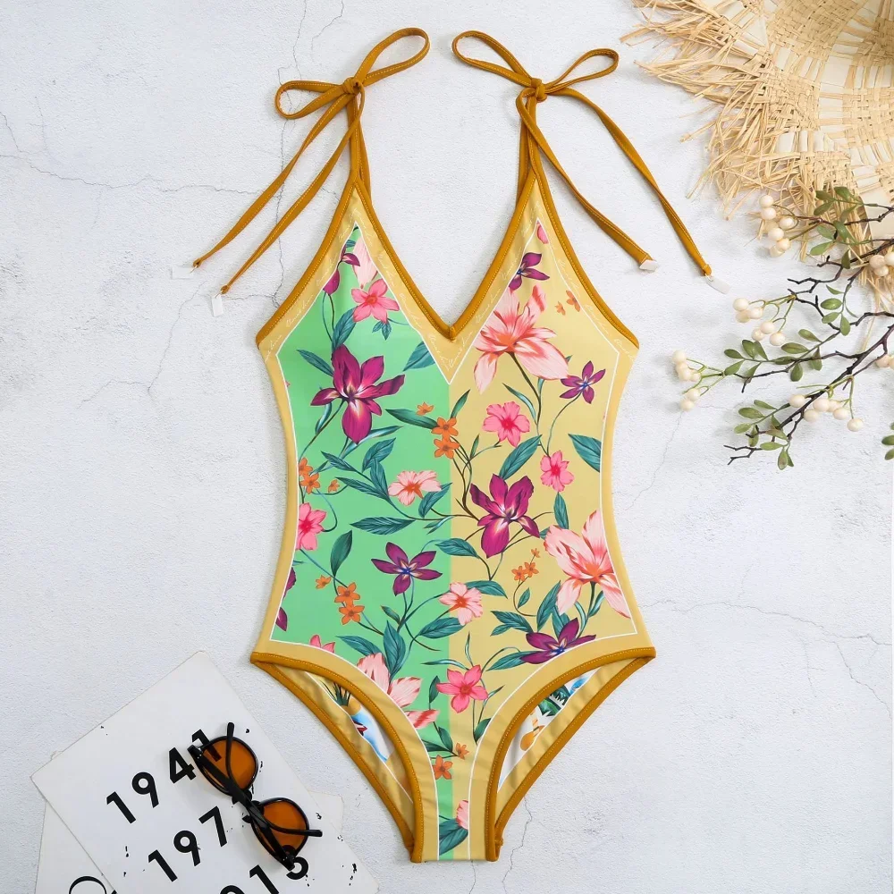 Nuevo traje de baño Vintage estampado de doble cara para mujer, traje de baño Sexy de una pieza, ropa de playa, traje de baño para mujer