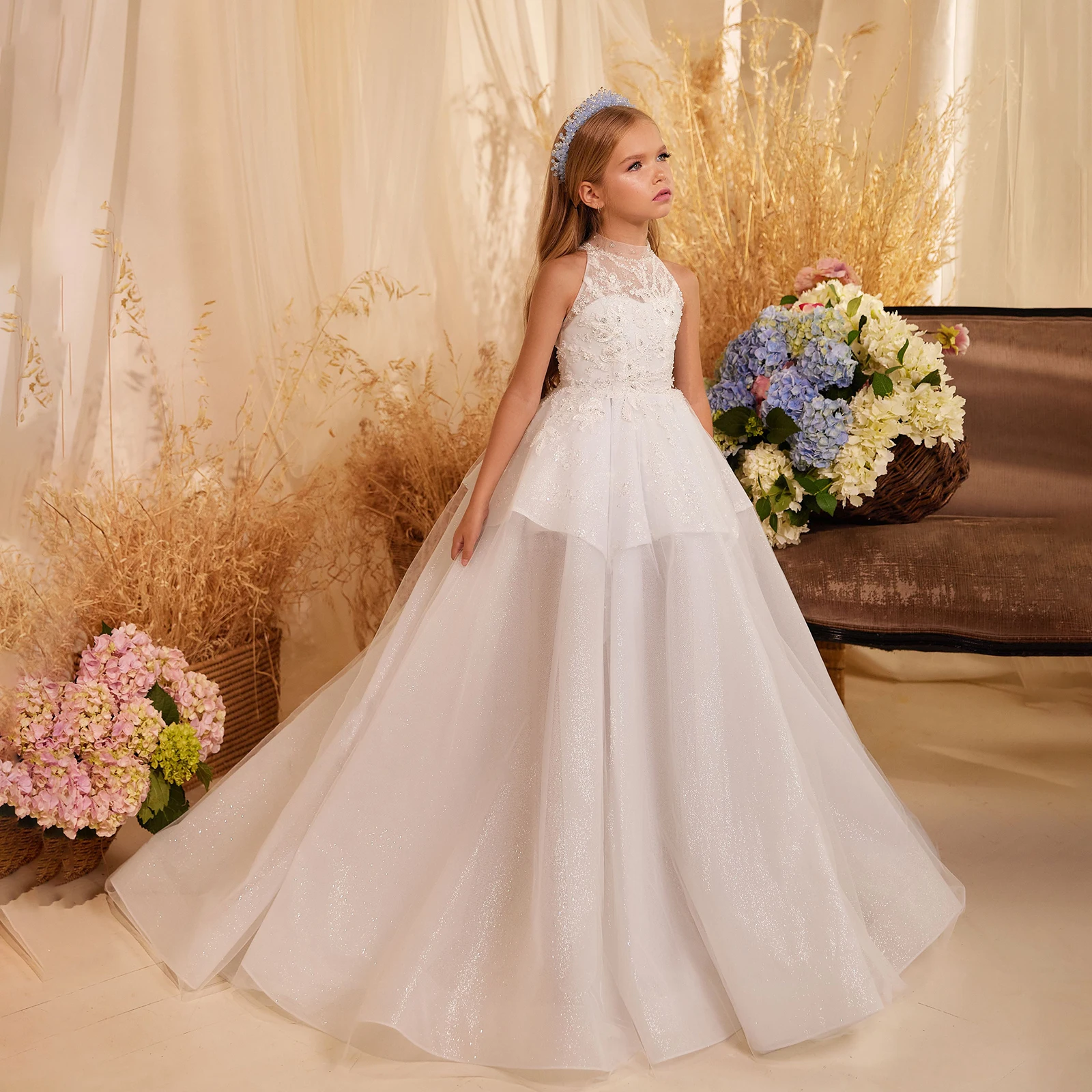 

Elegant Party Dress Tulle Flower Girl Dress for Wedding Long Sleeves Princess Bow Birthday Concert Short Junior Bridesmaid Gown