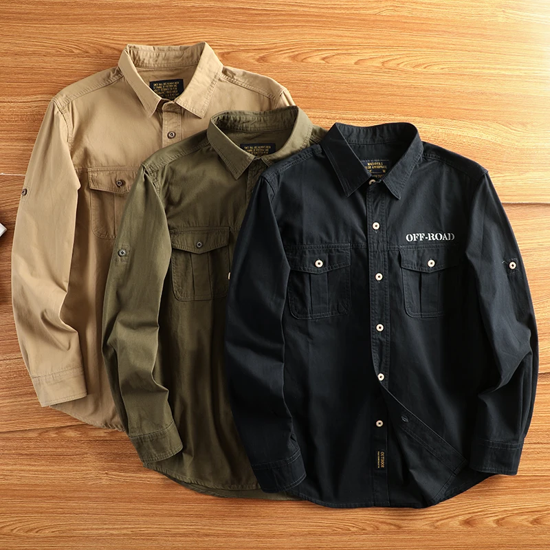 

Мужская повседневная рубашка из плотного чистого хлопка в американском рабочем стиле, с длинным рукавом, модная, с множеством карманов, свободного кроя, в стиле кэжуал.