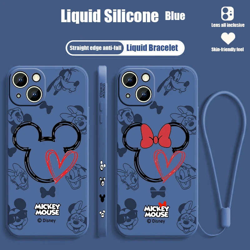 Disney Mickey Mouse Logo For Apple iPhone 15 14 13 12 11 XS XR X 8 7 Pro Max Plus Mini Liquid Left Rope Phone Case