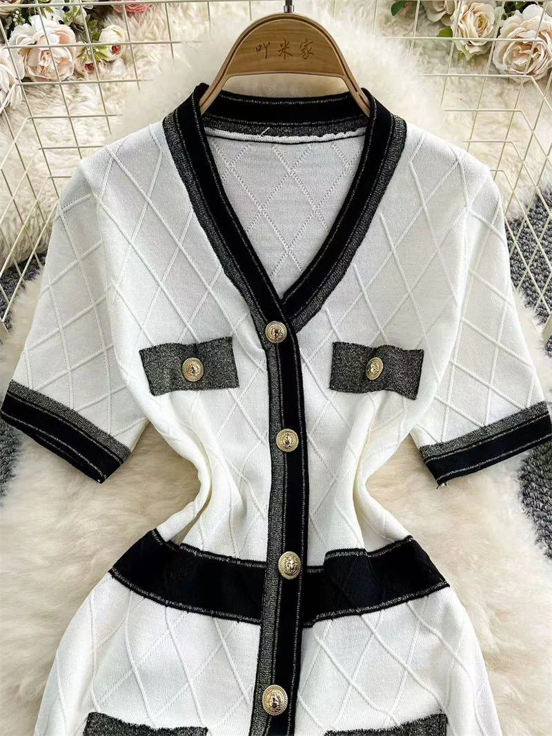 Vintage dekolt w serek wąska dzianina obcisła Mini sukienka damska letnia sukienka z krótkim rękawem jednorzędowe sukienki stylowa elegancka szykowna damska kamizelka