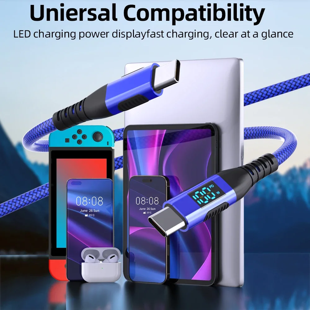 6A 100W PD Fast Charging Type C To C Cable Led Digital Display Charging Cord Data Wire For Huawei Xiaomi Iphone Samsung Laptop