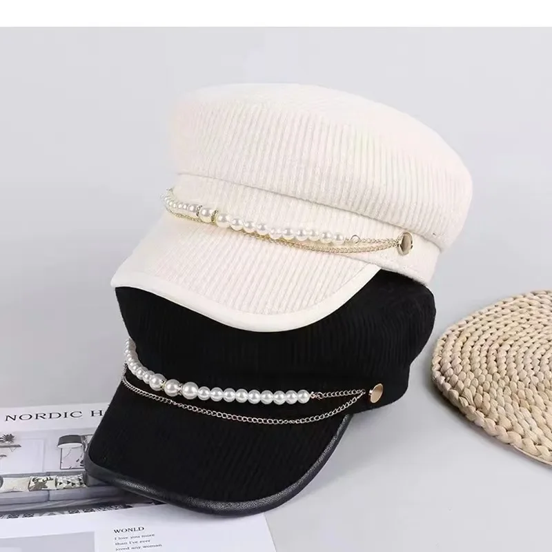 2025 new fashion pearl chain navy hat woman beret autumn and winter painter hat