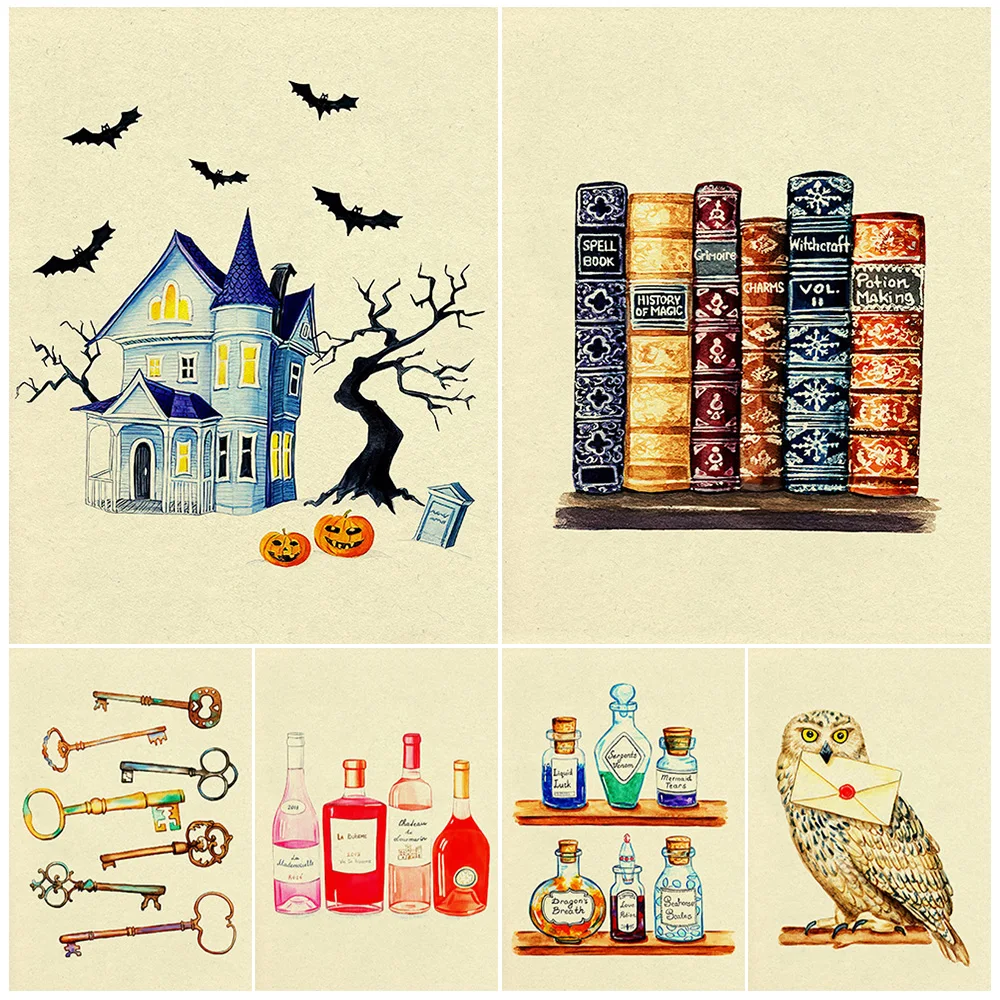 

Magic Books,Potions,Potions,Vintage Wall Art Canvas Painting Haunted House Witchcraft Element Art Poster And Print Home Decor