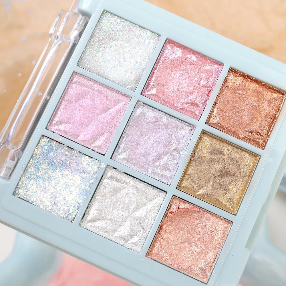 Paleta de Sombra Snowflake, Impermeável, Brilhante, Brilho, Perolado, Duradouro, Cromo, Maquiagem dos Olhos, Cosméticos, Azul, Rosa, 9 cores