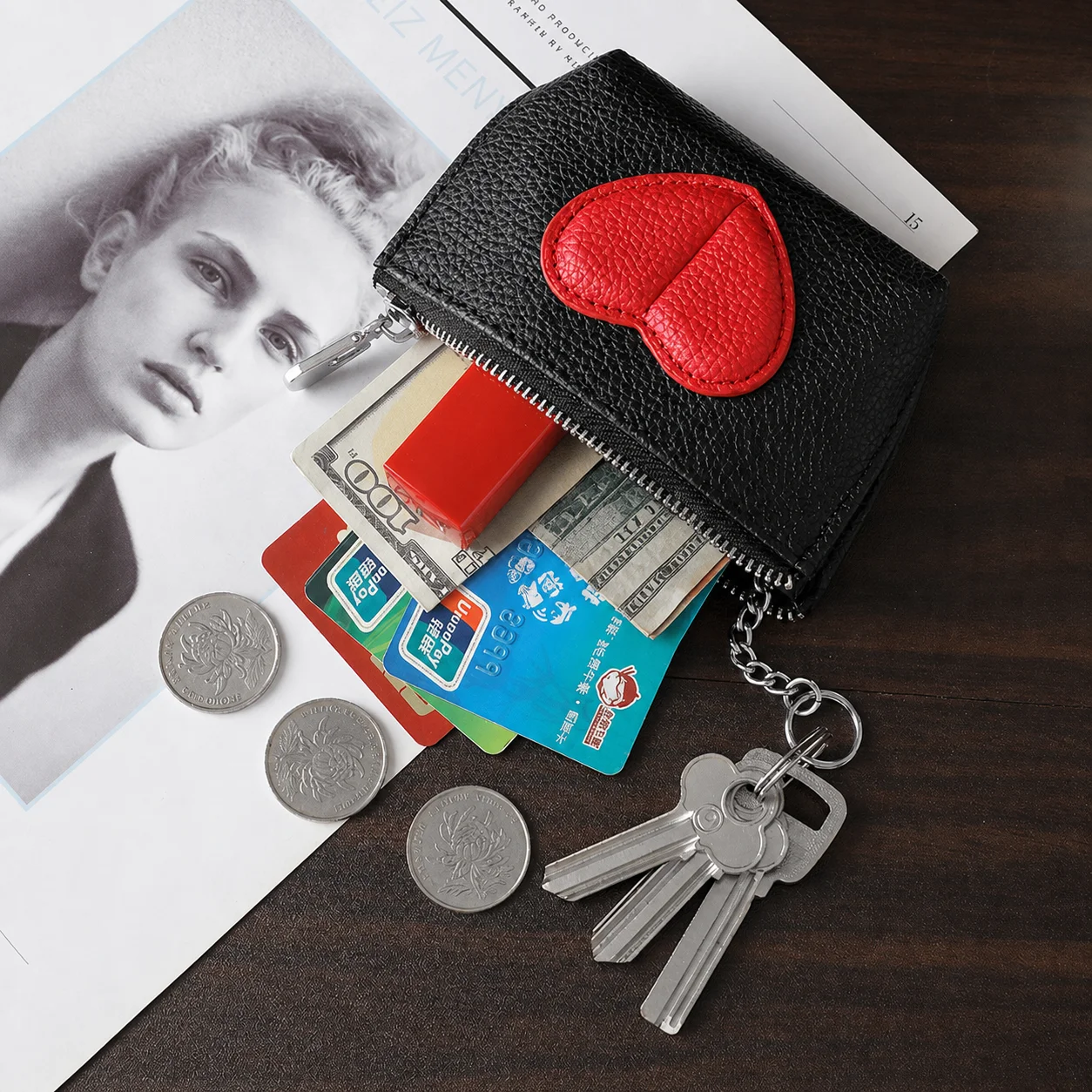 Mini Coin Purse Heart Colorblock Coin Purse Key Ring Coin Pouch Lightweight For Bag Accessory Shopping Women