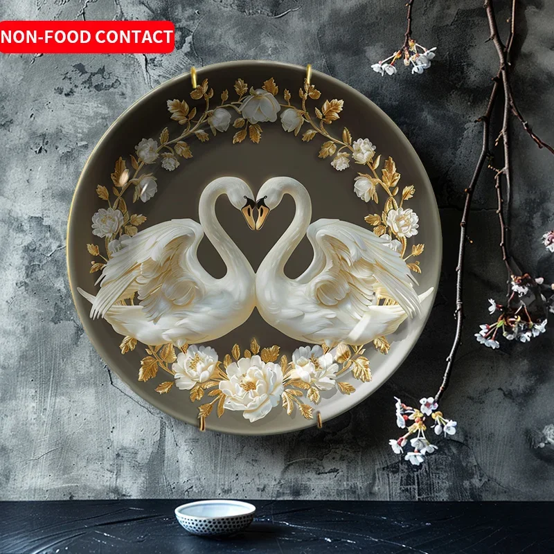 1pc Elegant Swan Heart Ceramic Decorative Plate - Art Deco Style with Golden Accents & Floral Design, Non-Food Contact Home