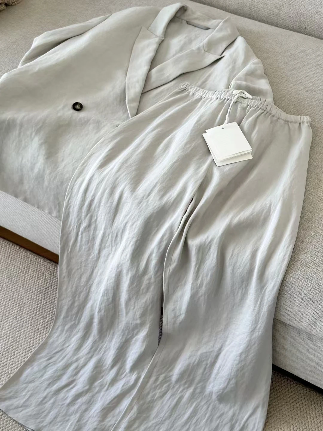 High Quality Summer Linen Silk Coat Long Pant Sets