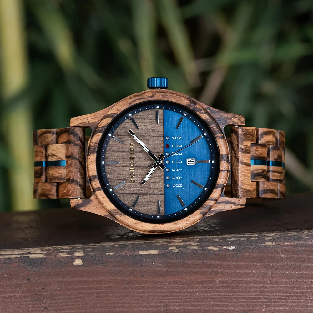 BOBO BIRD Mens Wooden Watches Zebra Wood Watch Blue Wristwatch Luminous Hands Week and Date Display Anniversary Gift for Men