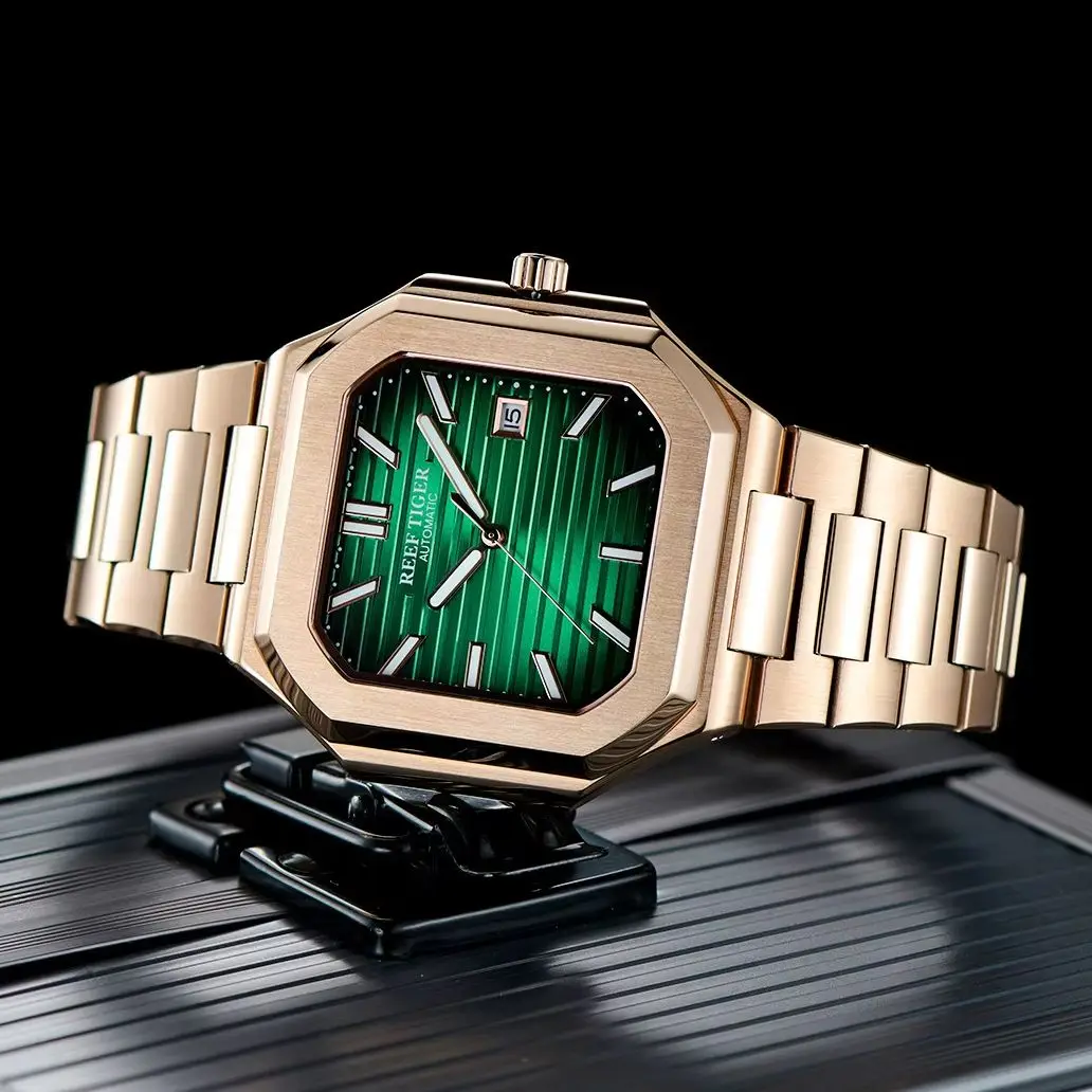 Reef Tiger Men Automatic Watch 44mm Square Mechanical Wristwatch 50m Waterproof Sapphire Mirror Luminous Miyota 8215