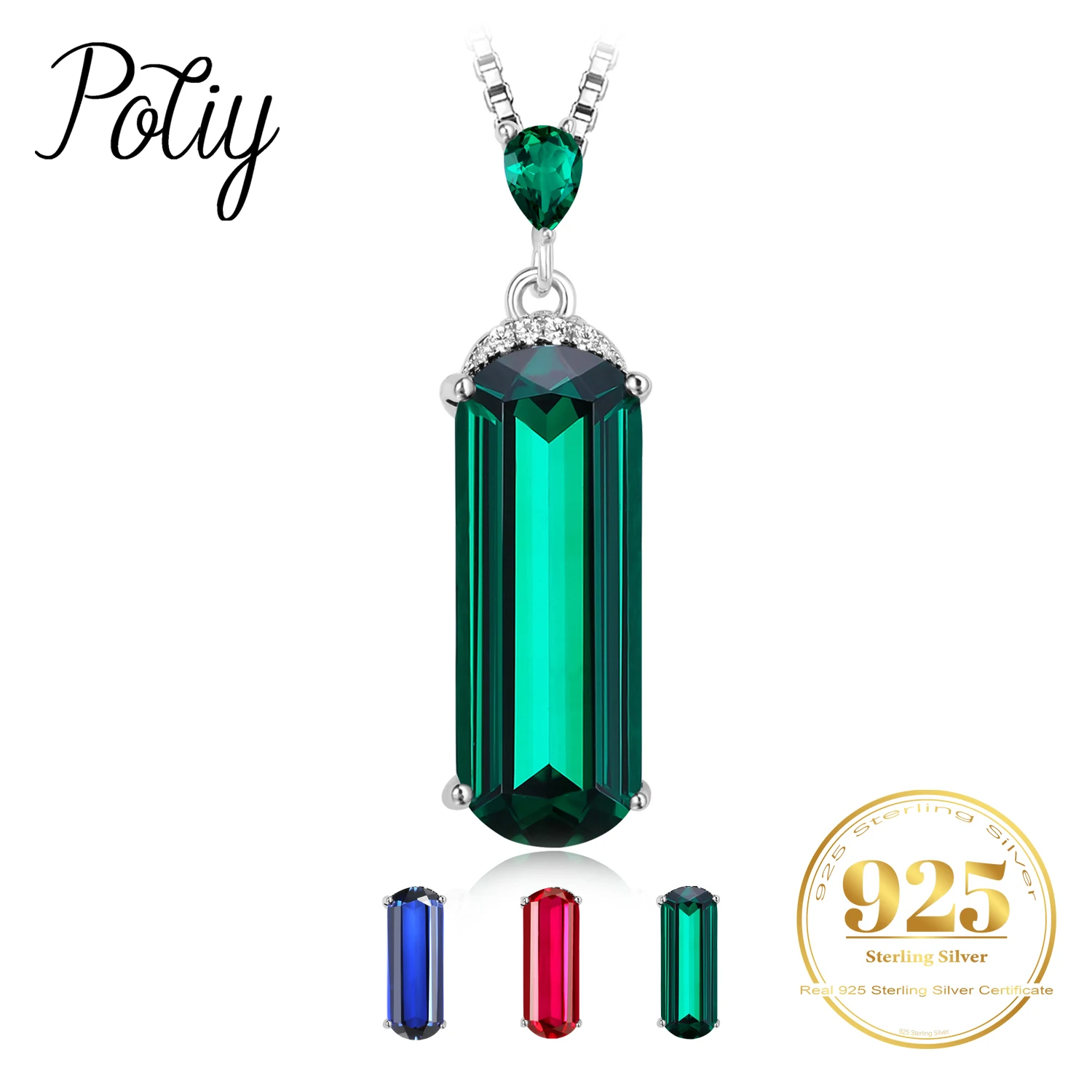 Potiy Created Sapphire Ruby Simulated Nano Green Emerald 925 Sterling Silver Naszyjnik dla kobiet bez łańcuszka