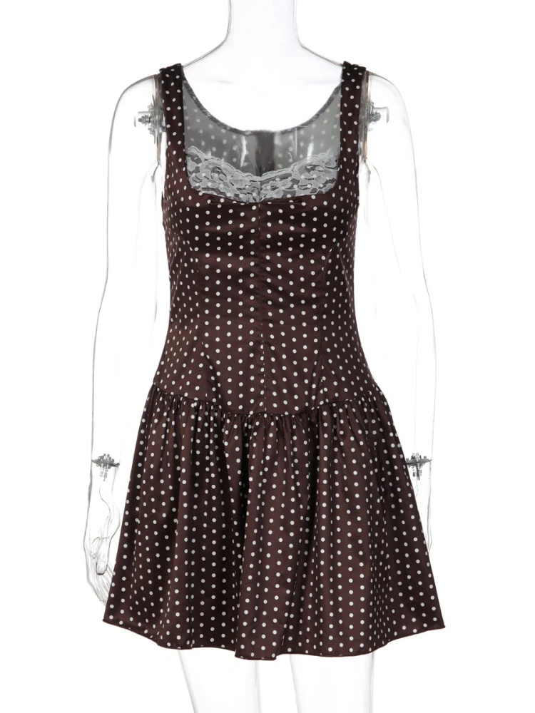 SsTss 2025 جديد براون البولكا نقطة طباعة الدانتيل تقسم فستان كامي المرأة الصيف مثير بلا أكمام سليم عالية الخصر فستان حفلة الشاطئ الصغيرة #4