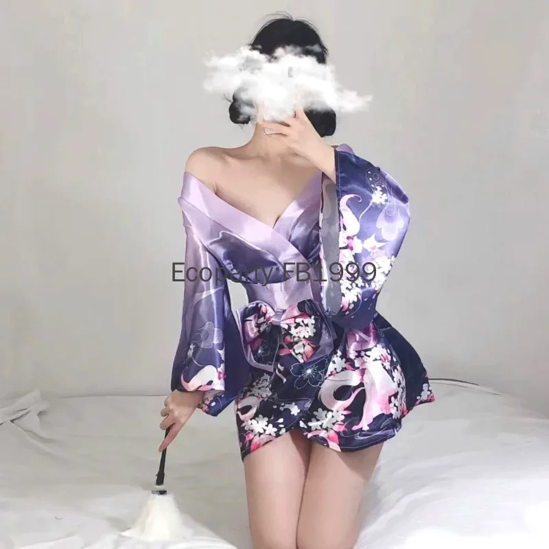 3pcs Women\'s Sexy Japanese Kimono Pajamas Suit Purple Printed Traditional Yukata Bathrobe Thongs Lady Sexy Lingerie Nightgowns