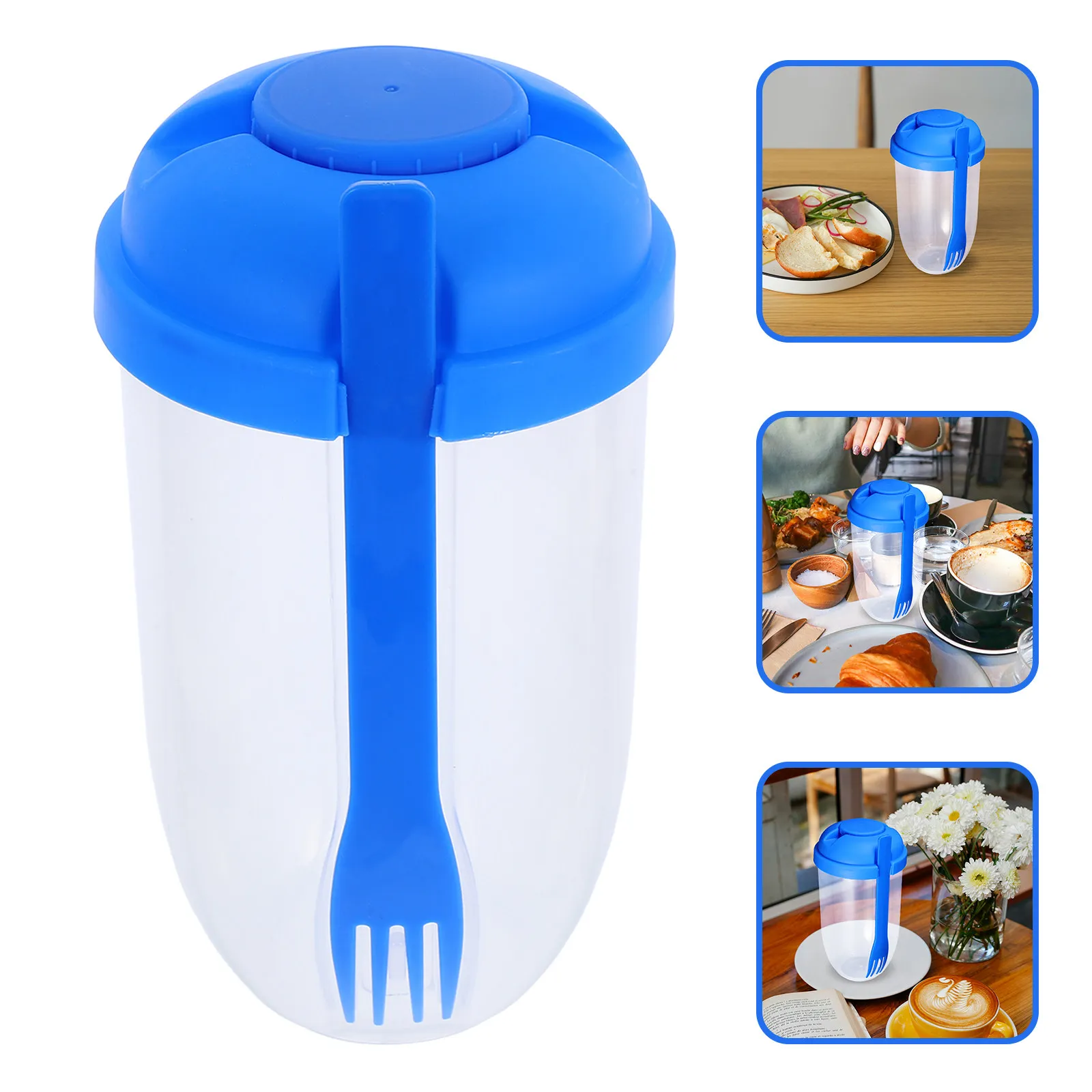 Salad Shaker Cup Blue Lid Fork Portable Breakfast Salad Container Fresh Meal Jar Fruit Vegetable Dressing Lunch Storage