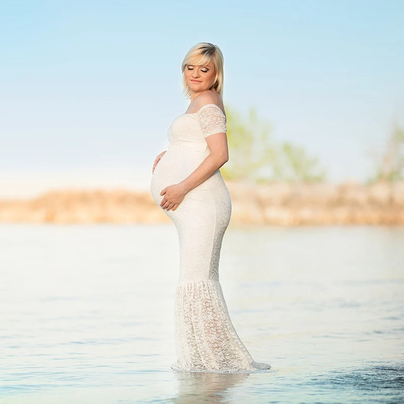 Maxivestido de encaje para mujer, Vestidos de maternidad para sesión de fotos, elegante, con hombros descubiertos, manga corta, Sexy, ceñido al cuerpo, Verano