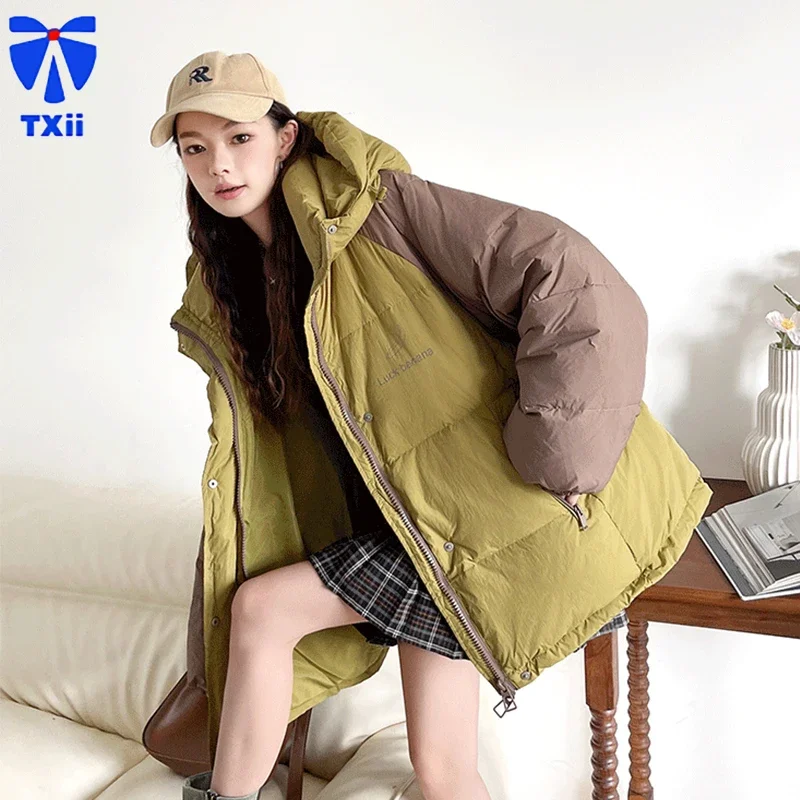 Color blocked design, white duck down bread jacket for women in winter 2024, thick warm down jacket, plus size jacket, trendy