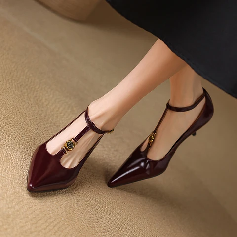 2025 Spring Women Pumps Women Shoes Pointed Toe Thin Heel High Heels Mary Janes Ladies Shoes Genuine Leather Red Wedding Shoes