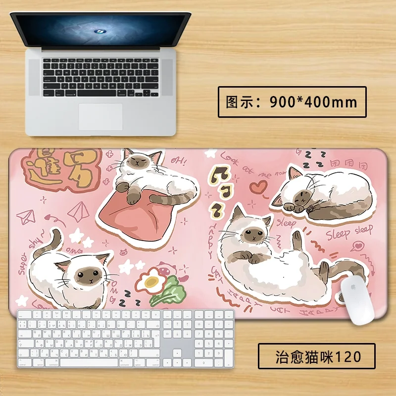 Healing Kawaii Cat Large Mouse Pad - XXL Cute Desk Mat for Office/Home, Adorable Cartoon Keyboard Cover with Non-Slip Base