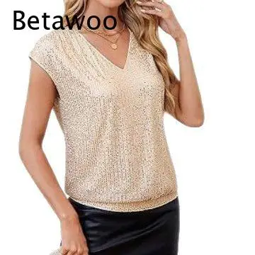 Women Sequins Sleeveless Blouse V Neck Cap Shoulder Loose Ruched Front Evening Party Tank Top Multiple Bright Colors
