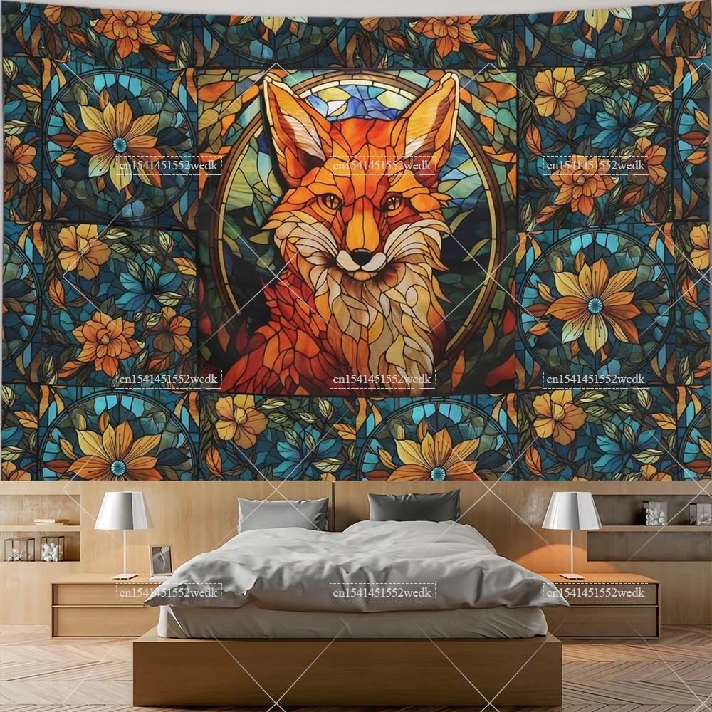 Stained Glass Fox Wall Hanging Tapestry Bedroom Deocr Aesthetic Flowers Landscape Tapestry Background Cloths 3D Wallpapers