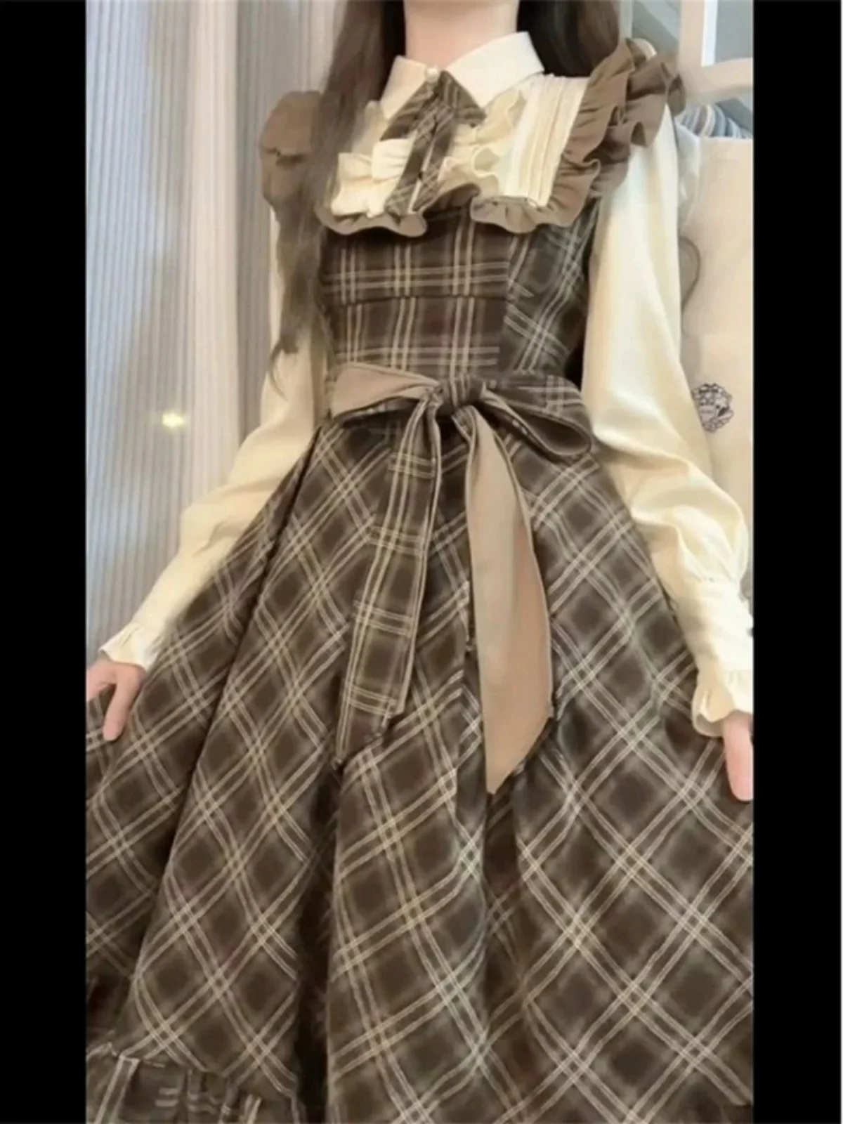 Sukienka Coalfell w stylu vintage, w kratę, z długim rękawem, jesienno-zimowa, w stylu Lolita, w stylu college, imitacja dwuczęściowej koszuli i spódnicy, słodka długa sukienka.