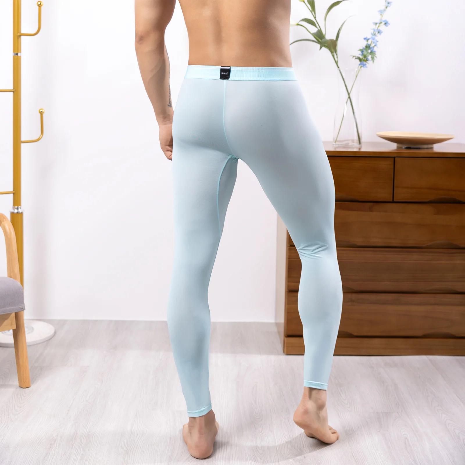 CLEVER-MENMODE Sexy Men Ice Silk Long Johns Pants Ultra-thin Thermal Underwear Sleep Leggings Long Penis Pouch Bulge Trousers