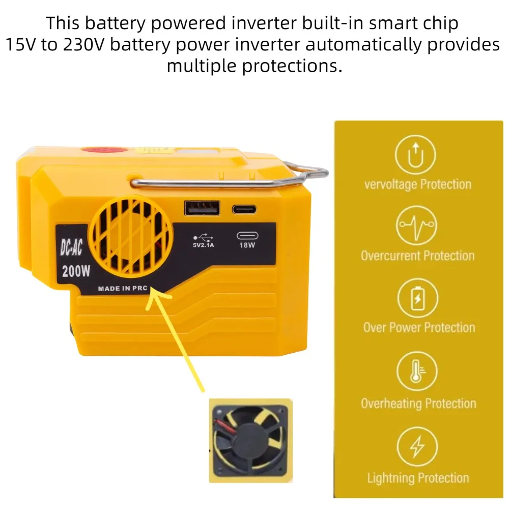 Imagem -03 - Inversor de Energia de 200 w para Íon de Lítio Dewalt 18 v 20 v Adaptador de Bateria com Saída ca de 110 V230 v com Luz Led Usb sem Bateria