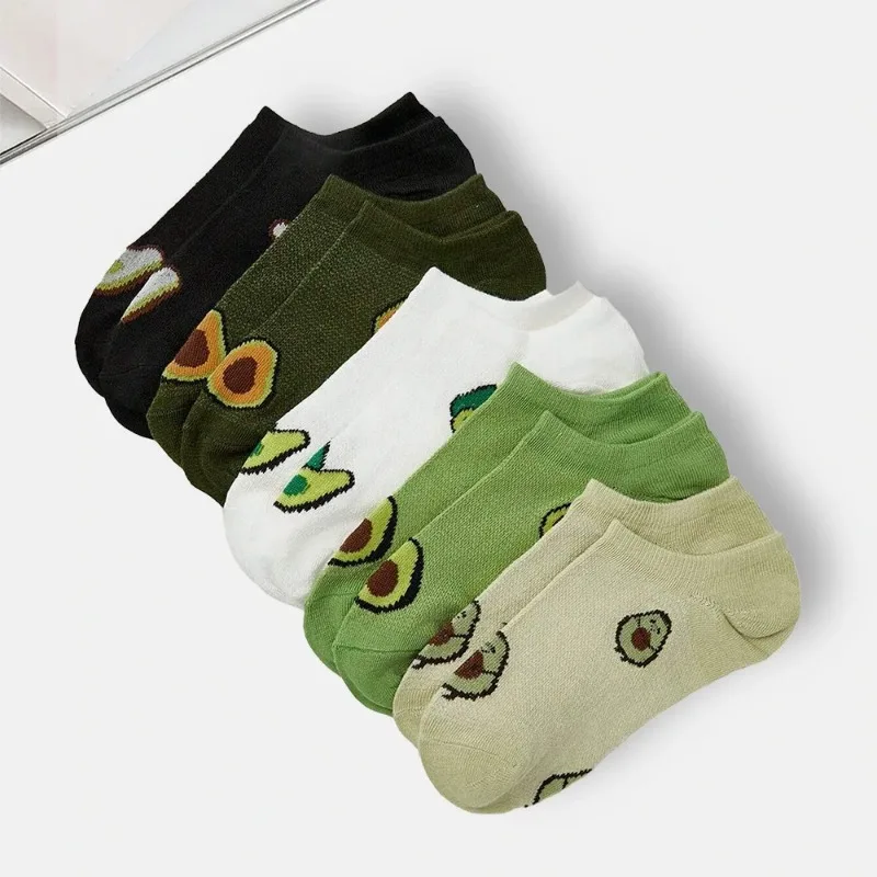 5 paia di calzini alla caviglia con avocado, cartoni animati, moda fresca, traspirante, estate e autunno, comfort Kawaii, calzini da barca a taglio basso da donna