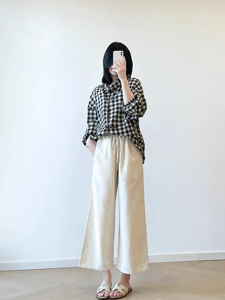 Rétro confortable coton Plaid haut ample femmes irt décontracté polyvalent respirant respectueux de la peau Cleanfit été mince Long Sl...