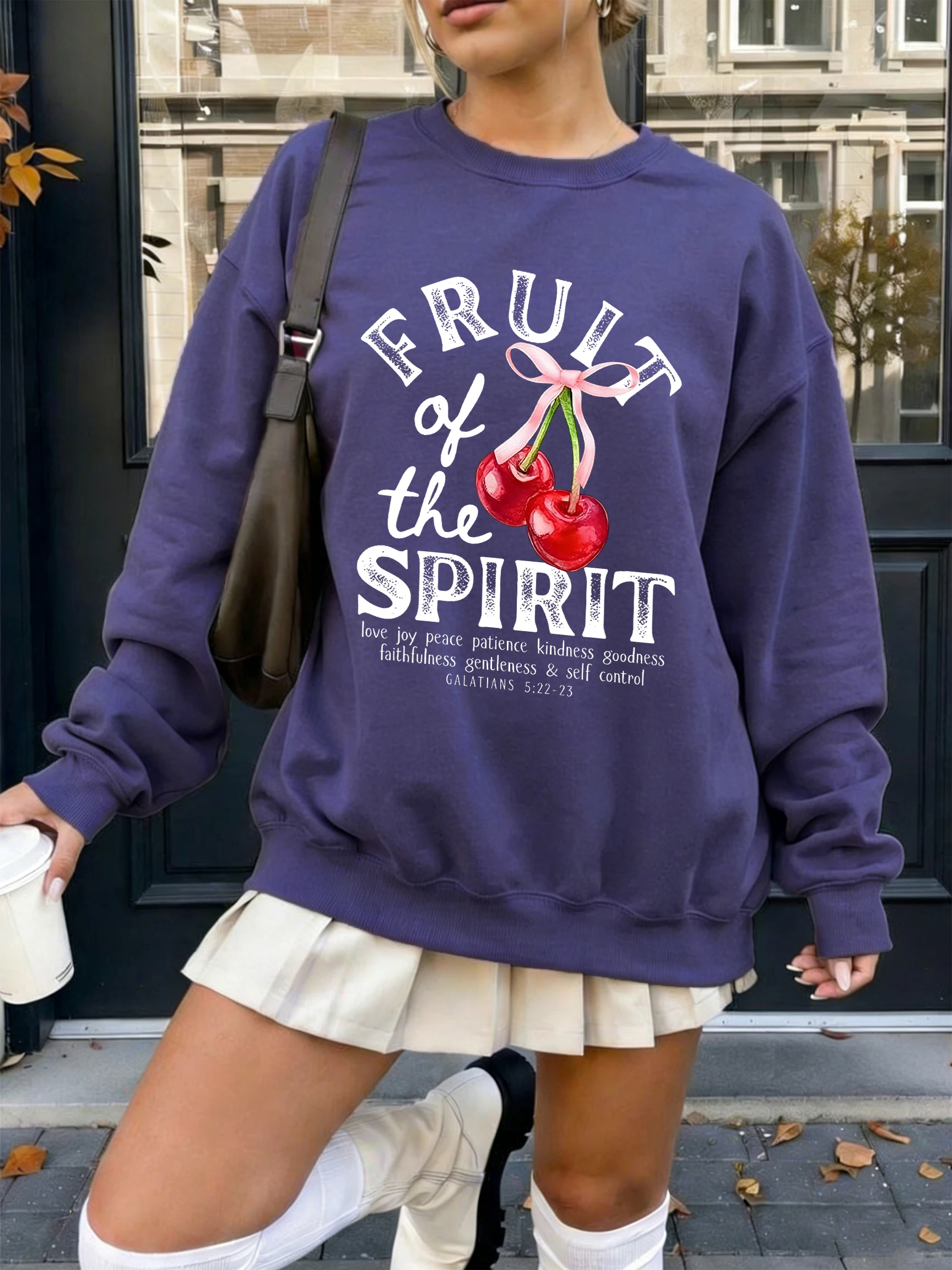 Fruit Of The Spirit Cherries Printing Women Pullovers All-Match Fleece Sportswear Autumn Crewneck Sweatshirt Jogging Clothes