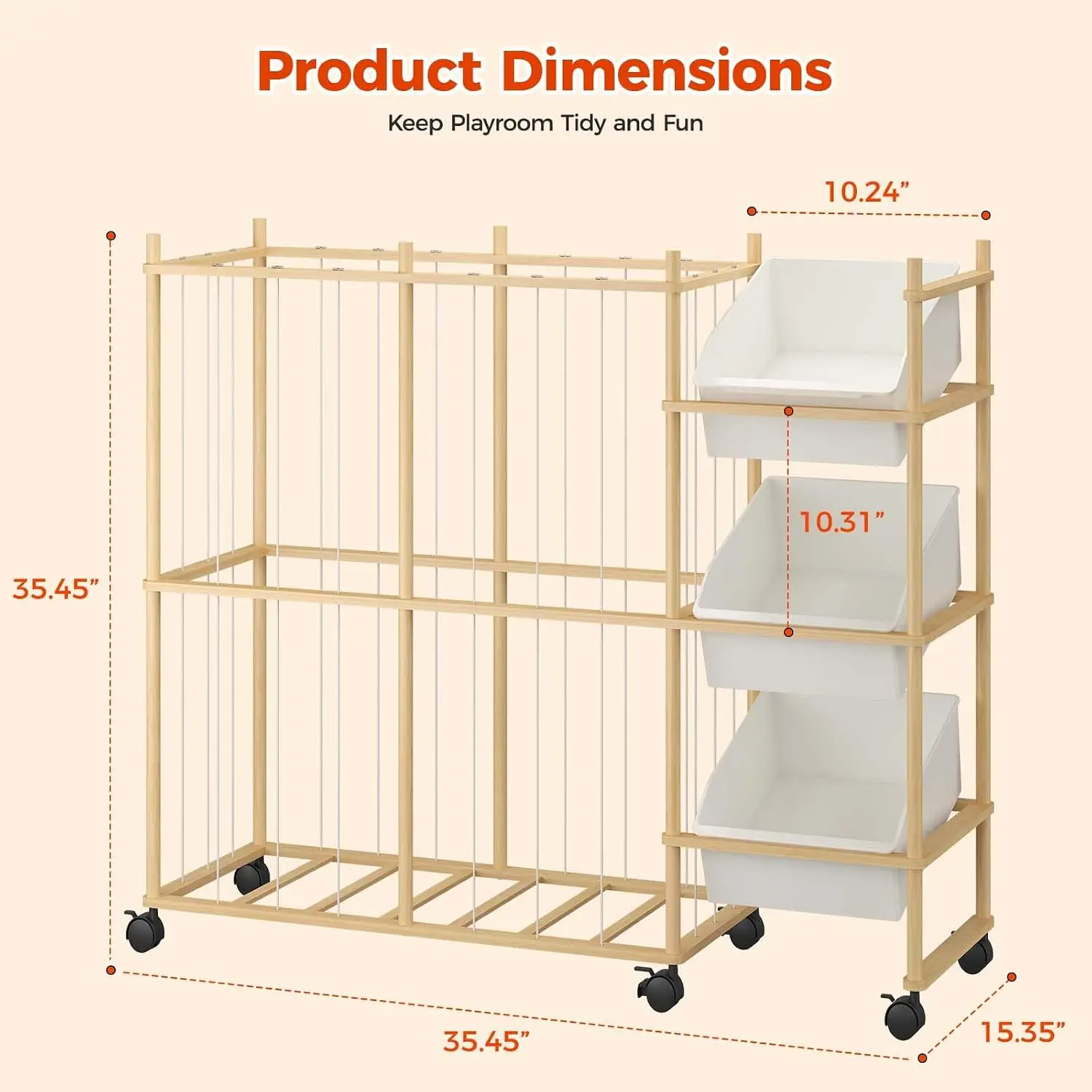 Toy Storage Organizer with 3 Removable Bins, Kids Storage Toy Shelf Organizer for Stuffed Animal Holder for Bedroom Playroom