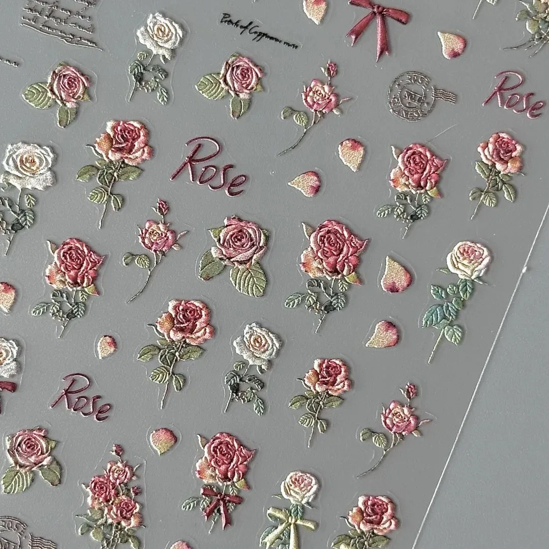 Vintage-Aufkleber mit getrockneten Rosen, hochästhetisch, matte Nagelkunst, Stiftaufkleber