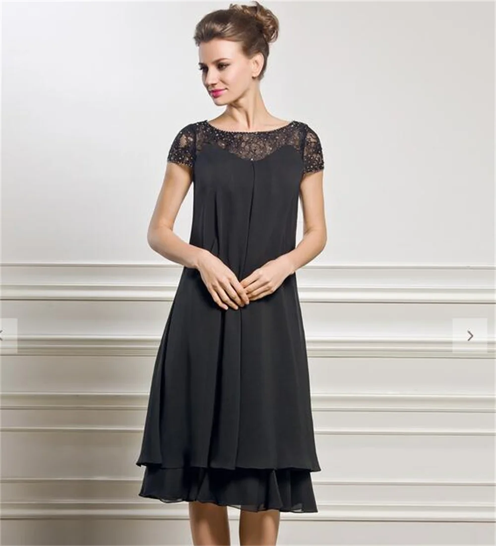 Empire Scoop Neck Knee-Length Chiffon Lace Mother of the Bride Dress With Beading Sequins فساتين مناسبة رسمية