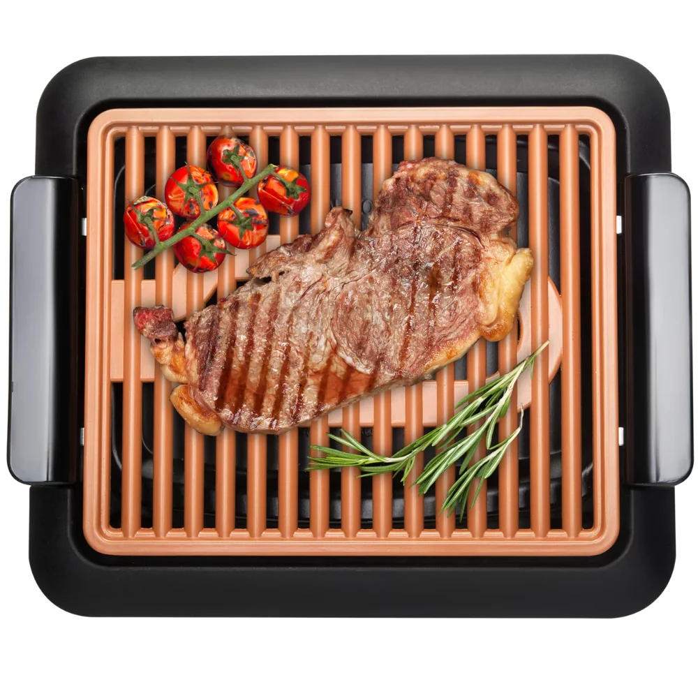 

UOSO Smokeless Indoor Grill, Ultra Nonstick Electric Grill, Dishwasher Safe Surface, Temp Control, Metal Utensil Safe, B