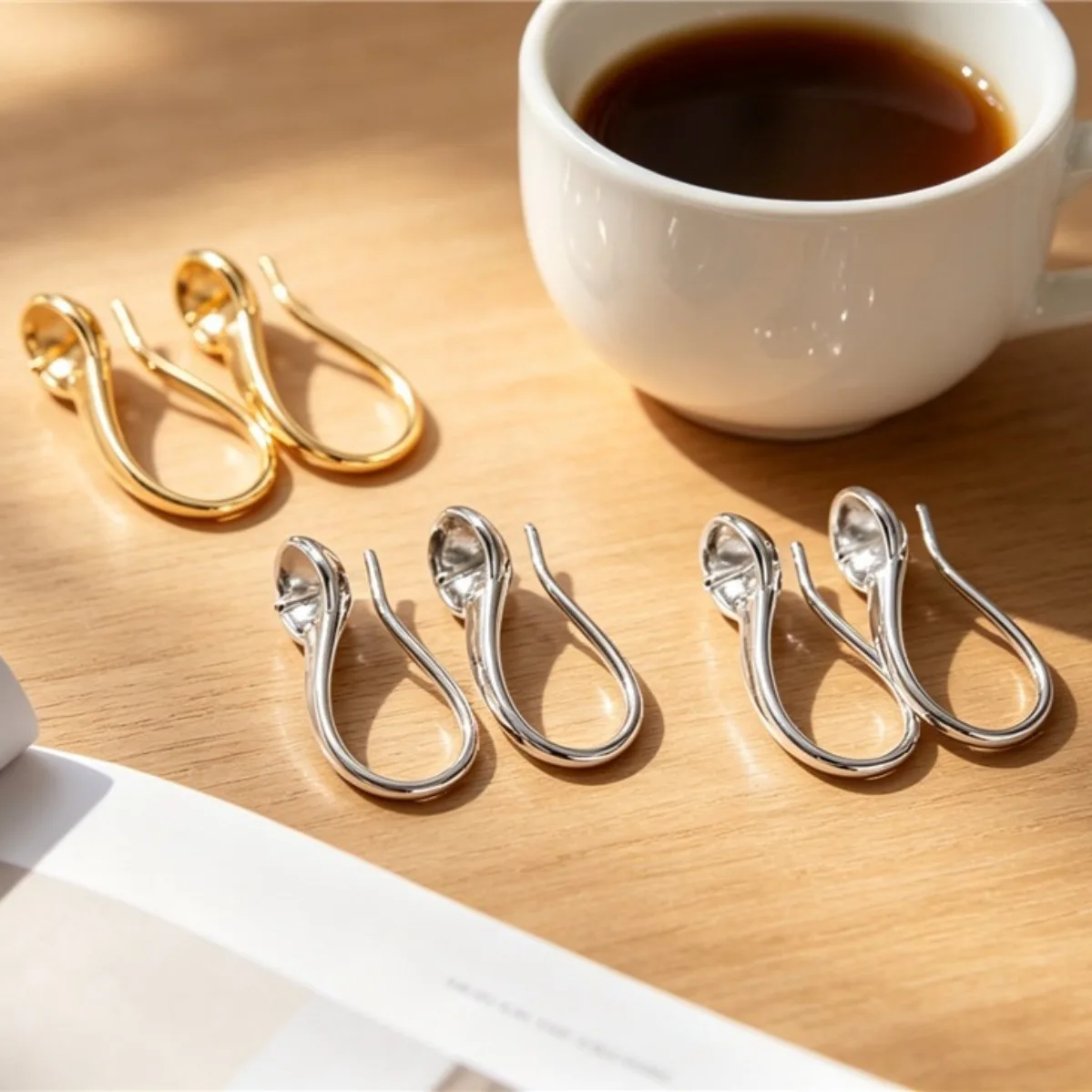 Brass Gold Plated & Silver Plated Spoon Ear Hooks With Bezel DIY French High Heel Style Dangle Earring Findings For Gluing Pearl