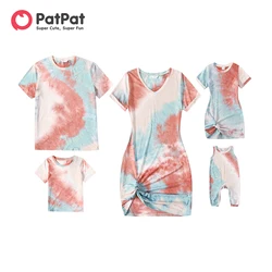 PatPat Family Matching Outfits Colorblock Tie Dye Twist Knot Bodycon Dresses and Short-sleeve T-shirts Family Looks Sets