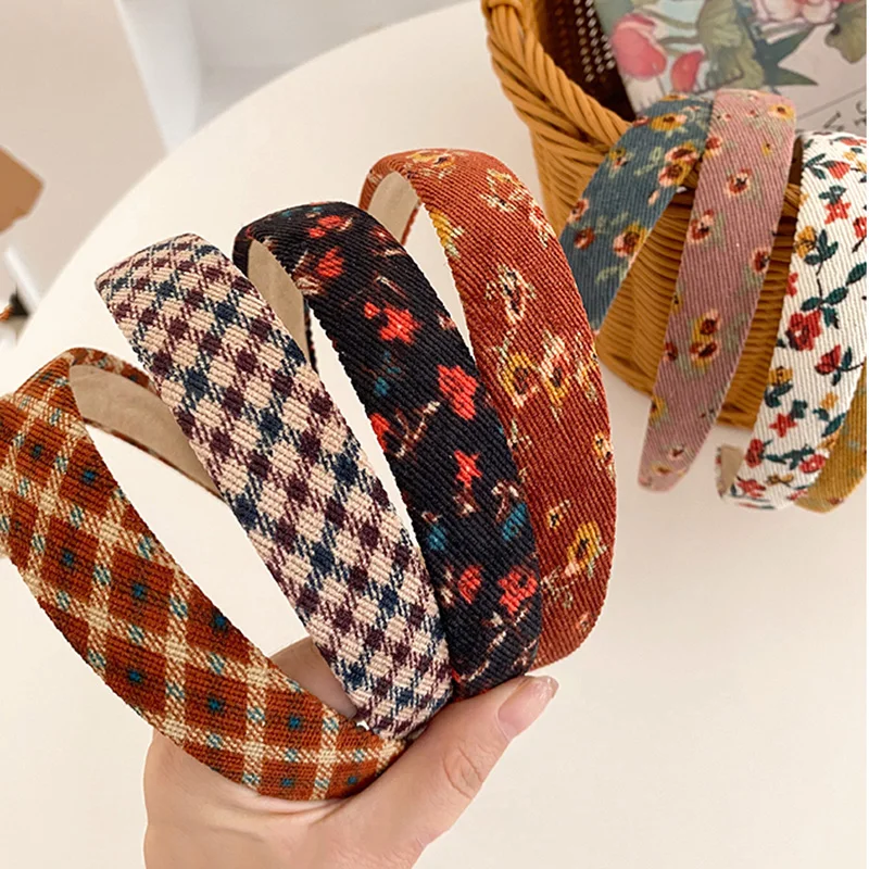 Vintage Plaid Floral Corduroy Headbands Flower Fall Hairbands Elegant Match Head Hoop Women Tiara Head Band Headwrap Accessories