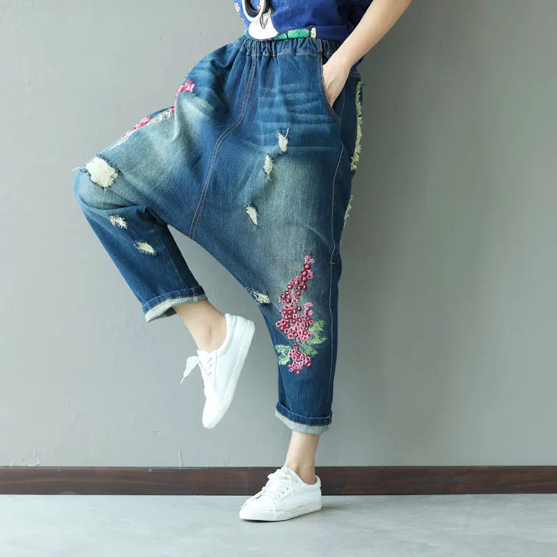 

High Waist Jeans Women Retro Ripped Hole Cross-pants Drop Crotch Hip Hop Trousers Vintage Floral Embroidered Harem Denim Pants