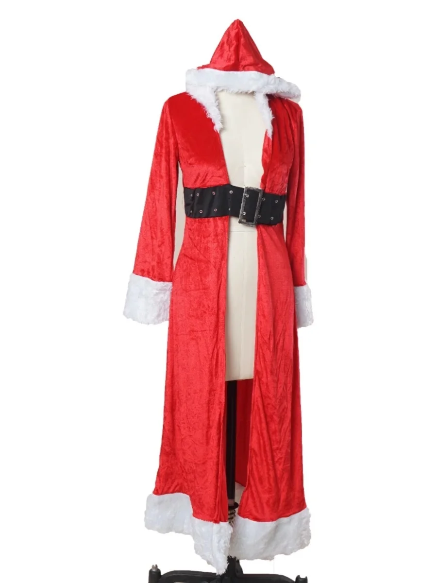عباءة طويلة من المخمل بغطاء للرأس للهالوين باللون الأحمر S Claus مع حزام Bla ملابس نسائية لمرحلة Faion العرقية #1
