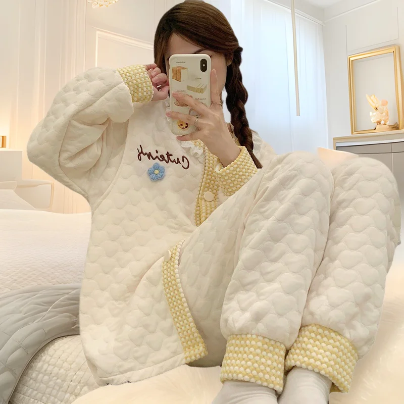 

Женский пижамный комплект из двух предметов, осенне-зимняя теплая утепленная хлопковая одежда для сна, домашняя одежда, женская одежда для сна, уютная удобная одежда для дома