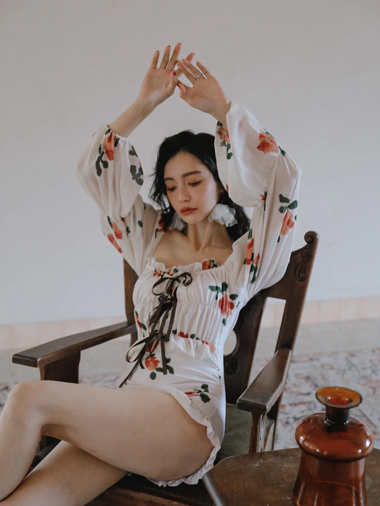 Water Ink Red Flower W Minor Pure Desire  Long Sleeve Belly Covering Slimming Women's Swimsuit Swimming Costume