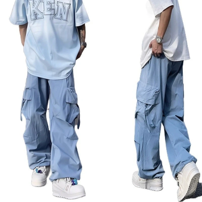 Men Drawstring Elastic Waist Cargo Pants Multi Big Pockets Loose Wide Leg Jogger Solid Color Adjustable Ankle Cuff Multi Colors