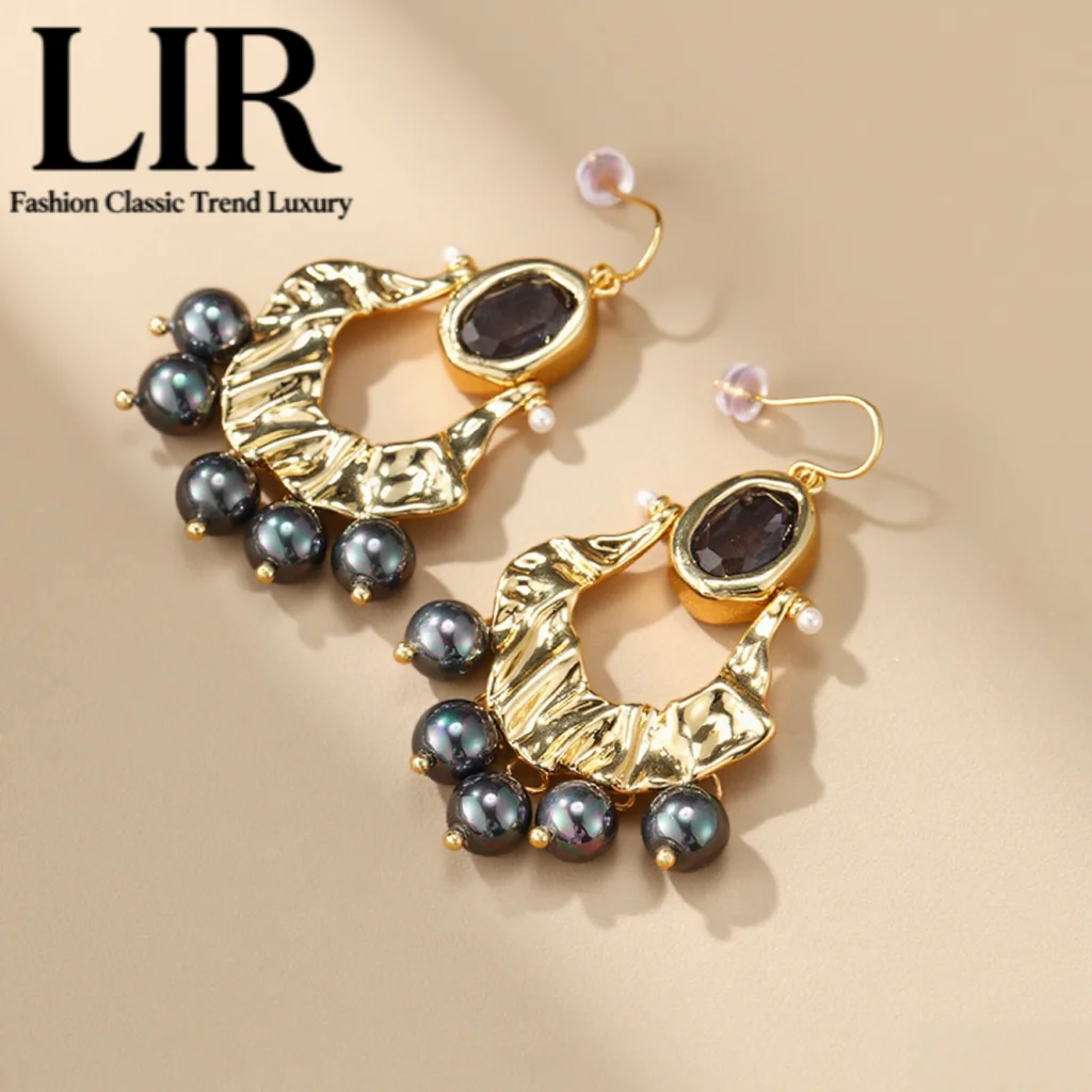 

LIR Trendy Baroque Earrings: Gray-Black Pearl Fan Tassel, Face-Slimming, Minimalist Classic, Women's Fashion Jewelry