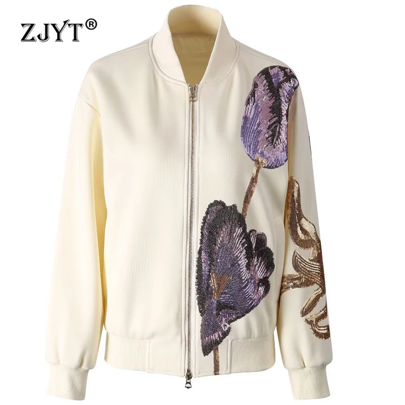 

ZJYT 2024 New Autumn Fashion Luxury Sequined Jackets for Women Long Sleeve Stand Collar Casual Coats Vintage Outerwears Female