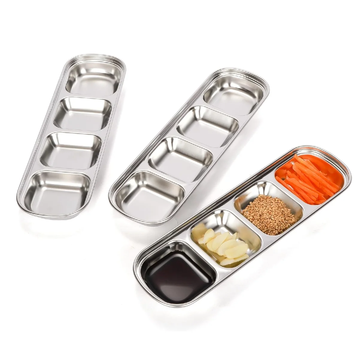 3Pcs 4 Compartment Stainless Steel Dipping Sauce Tray Set For Soy Vinegar Condiments For Home Restaurant Dining